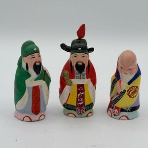 Vintage Hui Shan Clay Figures Set Of 3 Hand Painted Chinese Ming Dynasty Models
